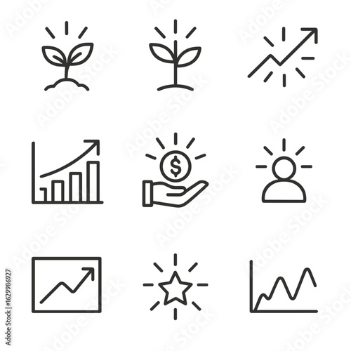 Icon Set Illustrations. Outline icon set of burst growth: seed sprout burst, plant shoot spike, upward arrow burst, growth chart