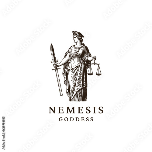 vintage engraving of Nemesis, the Greek goddess of retribution and balance vector template