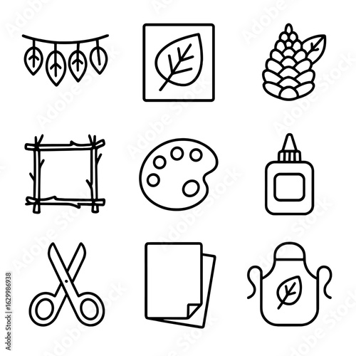 Creative Leaf Crafts Icons. Outline icon set of creative leaf crafts: leaf garland, leaf rubbing art, pinecone craft, twig frame,