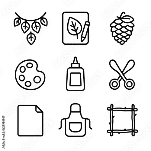 Creative Leaf Crafts Icons. Outline icon set of creative leaf crafts: leaf garland, leaf rubbing art, pinecone craft, twig frame,