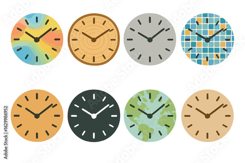 Creative Clock Faces. Flat vector mini-illustrations DIY clock face designs in colors children's illustrations: watercolor splash