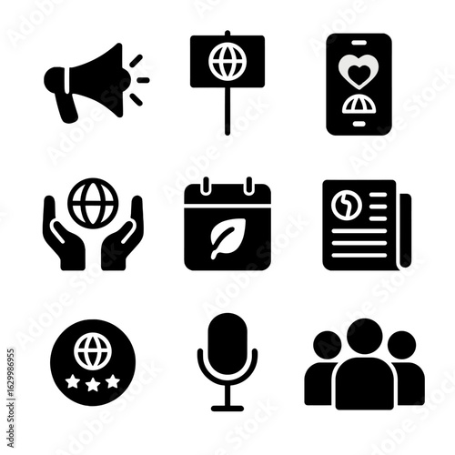 Climate Activism Icons. Solid, filled icon set of Climate activism and awareness: megaphone, protest sign, social media, globe