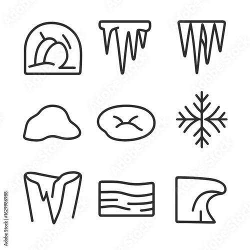 Icy Formations Icons. Outline icon set of icy formations: ice cave, frozen stalactite, icicle cluster, glacier crevasse, snow