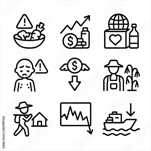 Crop Failure Impacts Icons. Outline icon set of impacts of crop failures: food shortage, price spike, famine relief aid,