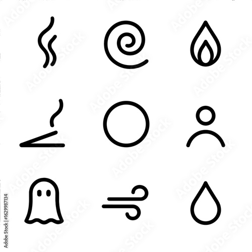 Incense Icon Set. Outline icon set of incense symbols: smoke wave, scent spiral, flame tip, ash trail, zen circle, meditation dot,