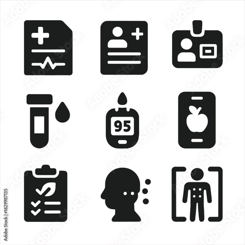 Clinical Nutrition Icons Grid. Solid, filled icon set of clinical nutrition tools: medical report, patient chart, registered