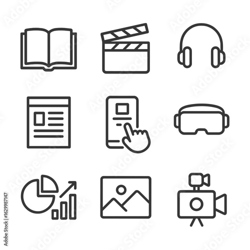 Cross-Platform Storytelling. Outline icon set of cross-platform storytelling: open book, film clapboard, podcast earphones, blog