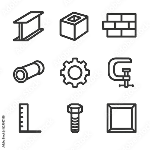 Industrial Icon Set. Outline icon set of rigid structures: steel beam, concrete block, brick wall, metal pipe, gear, clamp, ruler,