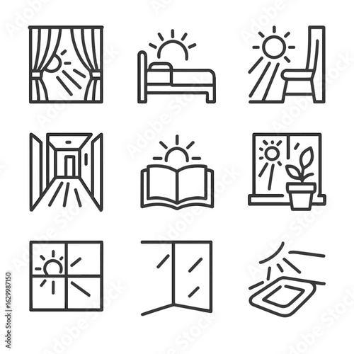Indoor Sunlight Icon Set. Outline icon set of sunlight warmth indoors: curtain light, bed with sun, chair in light, sunny hallway,