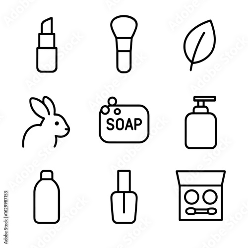 Cruelty-Free Cosmetics Icons. Outline icon set of cruelty-free vegan cosmetics: lipstick tube, makeup brush, leaf emblem, bunny