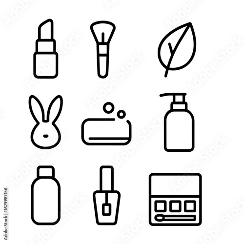 Cruelty-Free Cosmetics Icons. Outline icon set of cruelty-free vegan cosmetics: lipstick tube, makeup brush, leaf emblem, bunny
