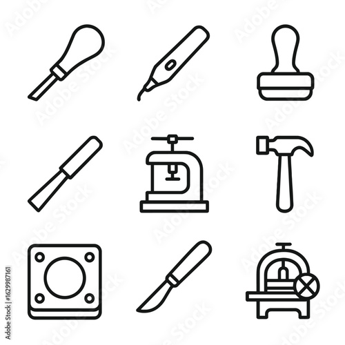 Indentation Tools Icons. Outline icon set of indentation tools and actions: embossing tool, engraving pen, stamp, chisel, press