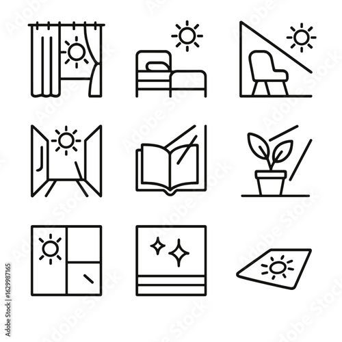 Indoor Sunlight Icon Set. Outline icon set of sunlight warmth indoors: curtain light, bed with sun, chair in light, sunny hallway,