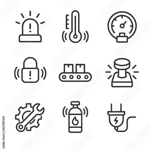 Industrial Alarm Icons. Outline icon set of industrial alarm tones: machine error alarm, temperature threshold alert tone,