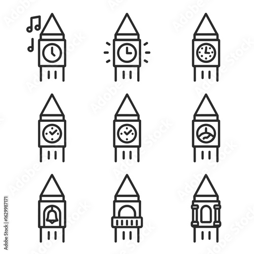 Clock Tower Icons. Outline icon set of clock tower features: chimes, illuminated face, clock numbers, minute markers, second hand,
