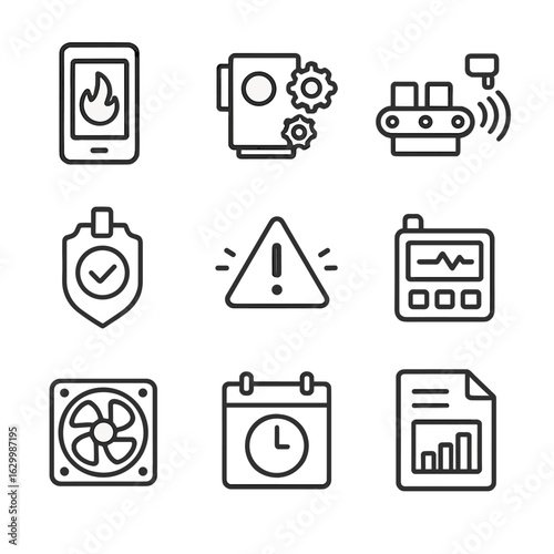 Industrial Icon Set. Outline icon set of industrial IR inspection: thermal scan, machinery heat spot, conveyor belt sensor, safety