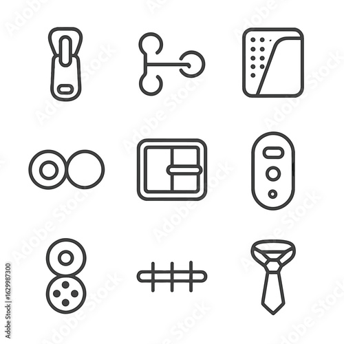 Clothing Fasteners Icons. Outline icon set of clothing fasteners: zipper pull, hook and eye, Velcro patch, magnetic clasp, belt