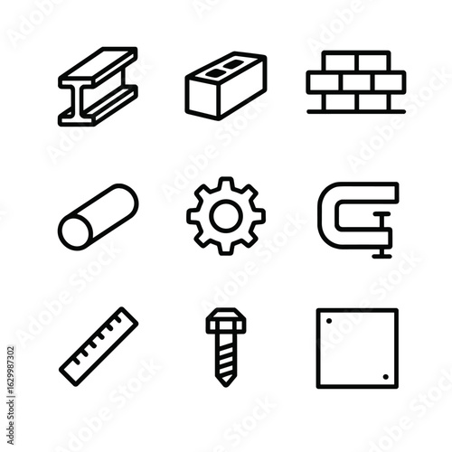 Industrial Icon Set. Outline icon set of rigid structures: steel beam, concrete block, brick wall, metal pipe, gear, clamp, ruler,