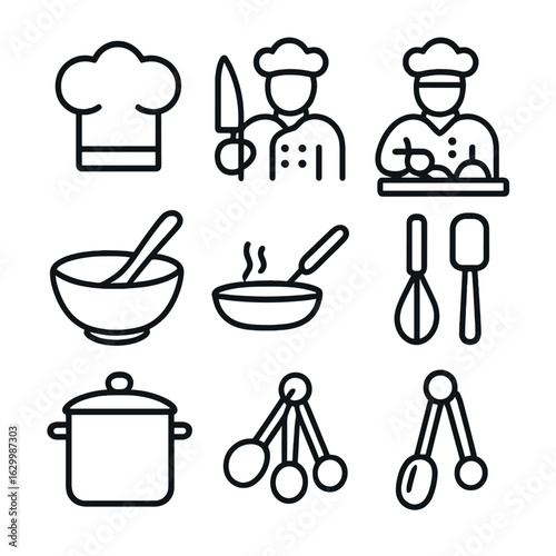 Culinary Icons Grid. Outline icon set of chefs at work: chef hat, knife, chopping board, mixing bowl, sauté pan, whisk, spatula,