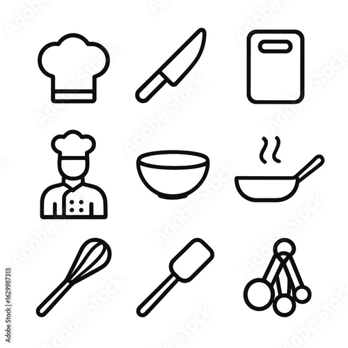 Culinary Icons Grid. Outline icon set of chefs at work: chef hat, knife, chopping board, mixing bowl, sauté pan, whisk, spatula,