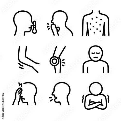 Infection Symptoms Icons. Outline icon set of infection symptoms: fever, cough, rash, swelling, redness, fatigue, headache, sore