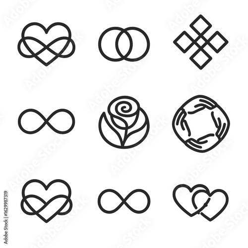 Infinity Love Icons. Outline icon set of infinity love: heart infinity, intertwined rings, eternal knot, infinity loop, rose