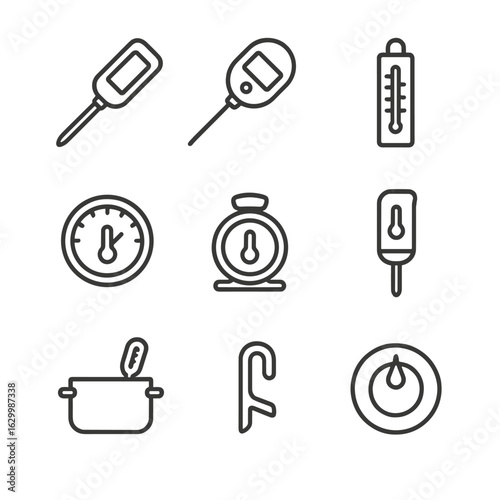 Culinary Temperature Tools Icons. Outline icon set of culinary temperature tools: kitchen thermometer, meat probe thermometer,