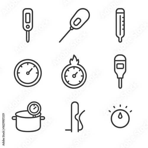 Culinary Temperature Tools Icons. Outline icon set of culinary temperature tools: kitchen thermometer, meat probe thermometer,