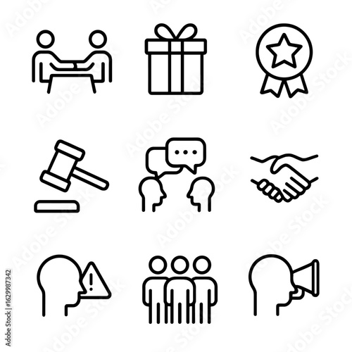 Influence Strategy Icons. Outline icon set of influence strategies: negotiation, gift, reward, punishment, communication,