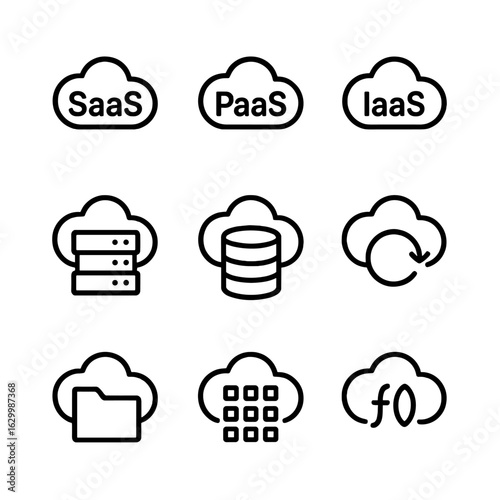 Cloud Services Icons. Outline icon set of cloud services: SaaS, PaaS, IaaS, cloud hosting, cloud database, cloud backup, cloud