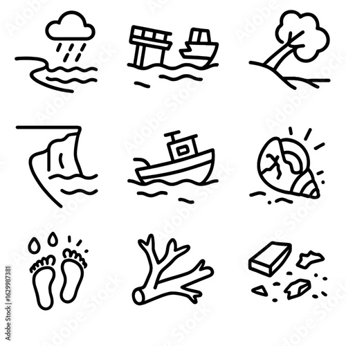 Coastal Storm Icon Set. Outline icon set of coastal storm impact: flooded shore, broken pier, fallen tree, sand erosion, stranded