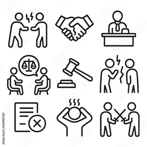 Inheritance Challenges Icons. Outline icon set of inheritance challenges: dispute, broken handshake, lawyer consultation,