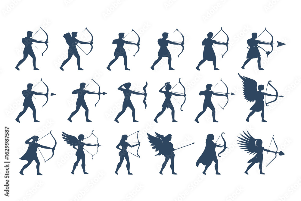 Fototapeta premium Collection of archer silhouettes in various poses. Vector illustration set of mythological hunters and warriors isolated on a white background.
