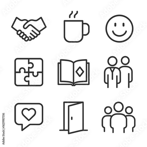 Culture and Trust Icons. Outline icon set of culture and trust building: handshake trust, virtual coffee break mug, smiley face,