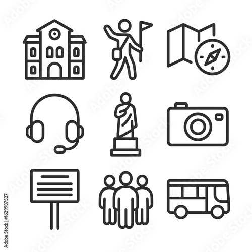 Cultural Heritage Icons. Outline icon set of cultural heritage tour: historic building facade, walking tour guide, map and compass