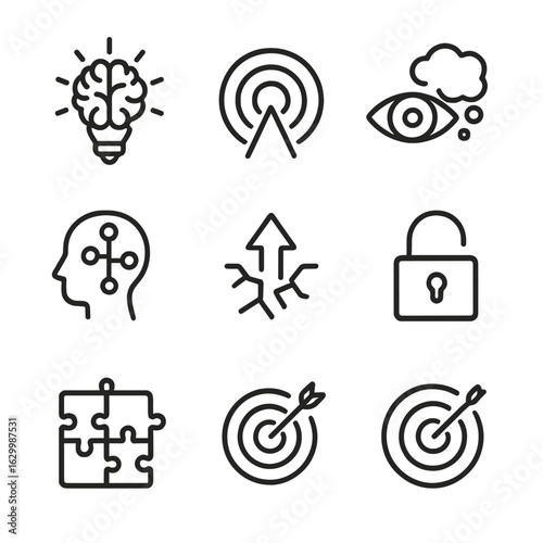 Insight Icon Collection. Outline icon set of insight: brain lightbulb, vision tunnel, eye and thought, mind map, breakthrough