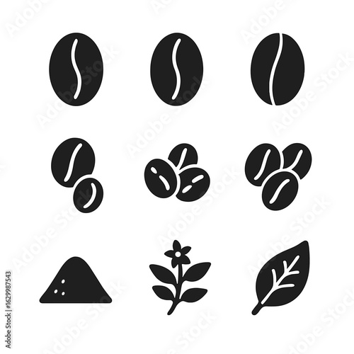 Coffee Bean Icon Set. Solid, filled icon set of coffee bean types: arabica, robusta, liberica, peaberry, green beans, roasted