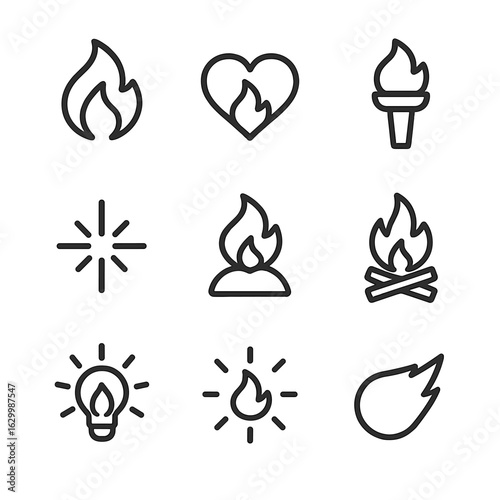 Inner Fire Icons. Outline icon set of inner fire symbols: flame, heart fire, torch, spark, ember, bonfire, glowing light, radiant