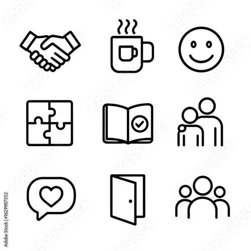 Culture and Trust Icons. Outline icon set of culture and trust building: handshake trust, virtual coffee break mug, smiley face,