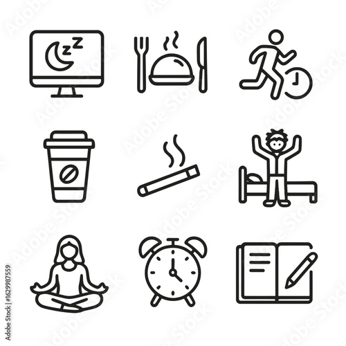 Insomnia Icons Set. Outline icon set of insomnia habits: screen time, late eating, exercise timing, caffeine intake, smoking,