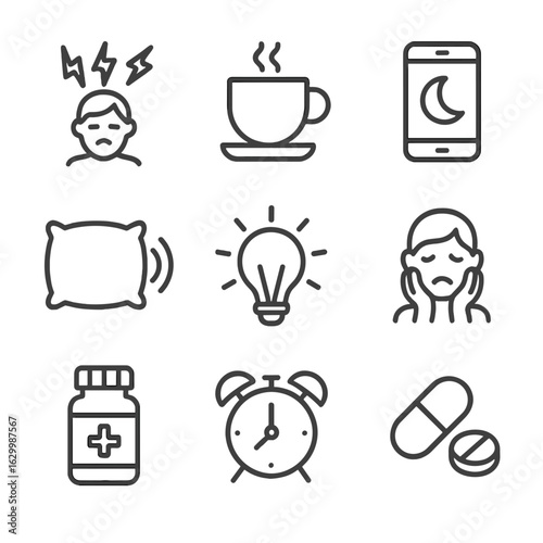 Insomnia Causes Icons. Outline icon set of insomnia causes: stress, caffeine, smartphone, noise, bright light, worry, medication,