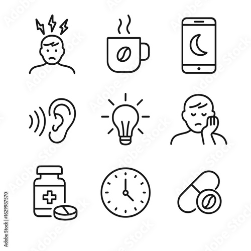 Insomnia Causes Icons. Outline icon set of insomnia causes: stress, caffeine, smartphone, noise, bright light, worry, medication,