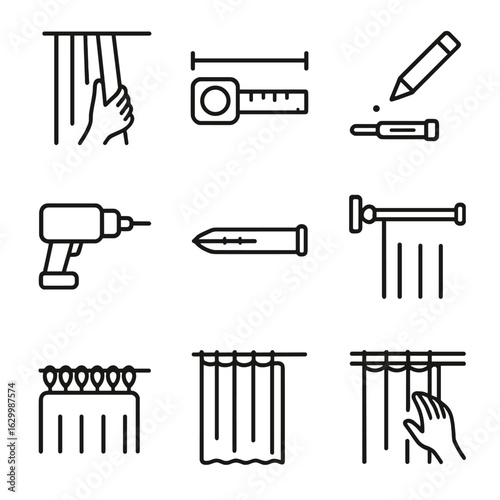 Curtain Installation Icons. Outline icon set of installation steps: remove old curtain, measure width, mark drill points, drill