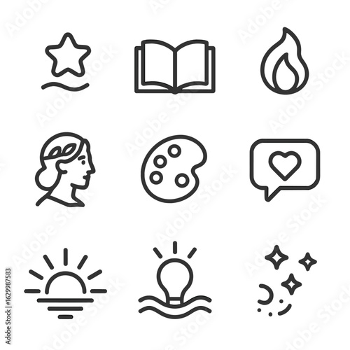 Icon Inspiration Set. Outline icon set of inspiration: floating star, open book, creative flame, muse icon, art palette, speech