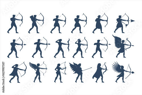 Collection of archer silhouettes in various poses. Vector illustration set of mythological hunters and warriors isolated on a white background.