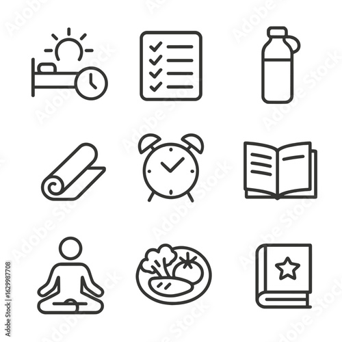 Daily Habit Icons. Outline icon set of daily habit formation: morning routine, habit tracker, water bottle, exercise mat, alarm