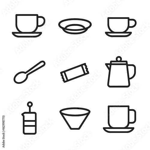 Coffee Icon Set. Outline icon set of coffee accessories: coffee cup, saucer, espresso cup, coffee spoon, sugar packet, coffee pot,