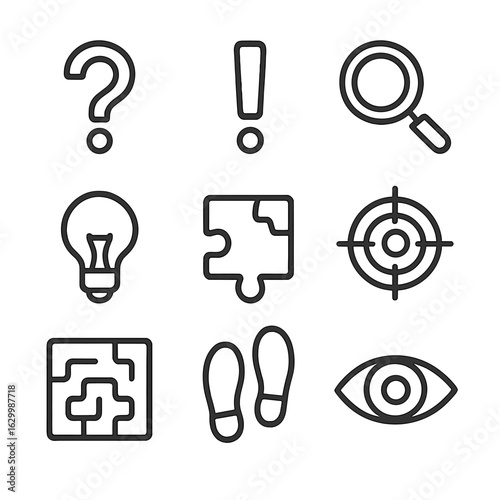 Investigation Icon Set. Outline icon set of investigation symbolism: question mark, exclamation mark, magnifying glass, light bulb