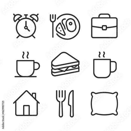 Daily Routine Icons. Outline icon set of daily human routines: alarm clock ringing, breakfast plate, work briefcase, coffee cup,