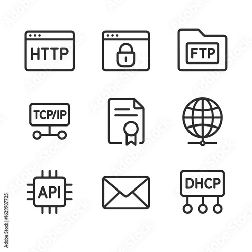 Internet Protocol Icons. Outline icon set of internet protocols: HTTP, HTTPS lock, FTP, TCP/IP, SSL certificate, DNS, API, SMTP,